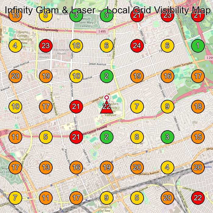 Infinity Glam & Laser Hair Salon GeoGrid ranking map for Queens NY